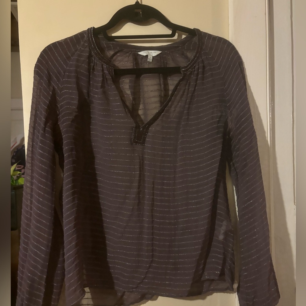 Lucky Brans Sheer Brown Sparkle Striped Blouse